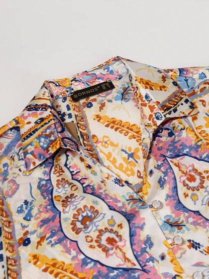 شومیز زنانه ساتن طرح دار یقه هفت آستین بلند 30109