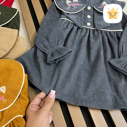 پیراهن دخترانه مخمل کبریتی مدل MEOW MEOW برند MANELY