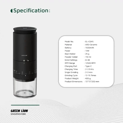 آسیاب قهوه شارژی گرین لاین Green Lion مدل GL-CG45 با 38 تنظیم