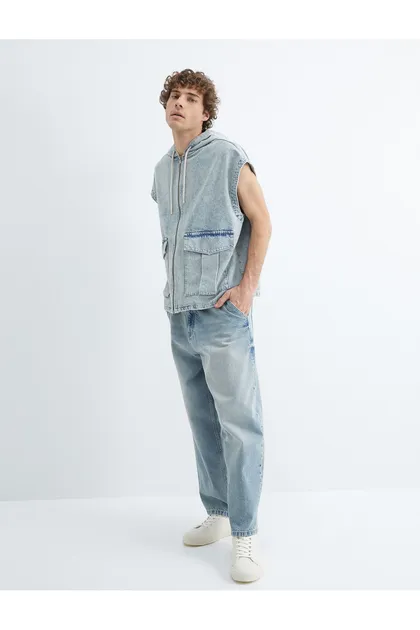 جیب زیپ بدون آستین سرپوش دار کت جین بزرگ با جزئیات 4SAM50027ND