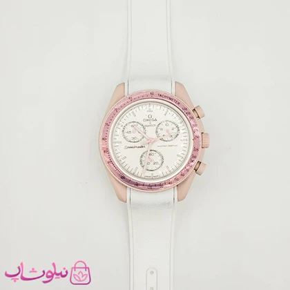ساعت امگا سواچ moonswatch با بند رابر زنانه رنگ صورتی سفید کیفیت مستر کد 3750