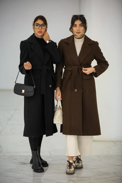 پالتو فوتر زنانه بلند یقه انگلیسی 4 دکمه