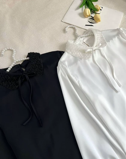 شومیز ساتن یقه منجوق دوزی کد 4793