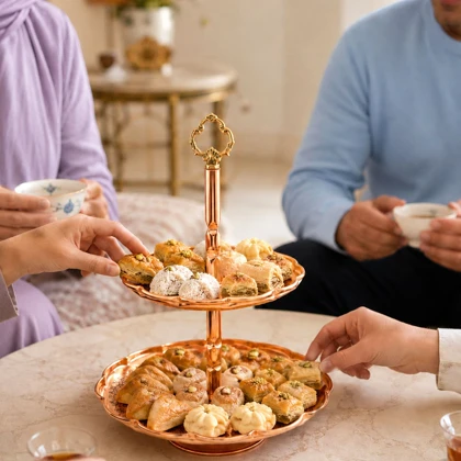 شیرینی خوری 2 طبقه مس دیبا رنگ مسی کد 1046