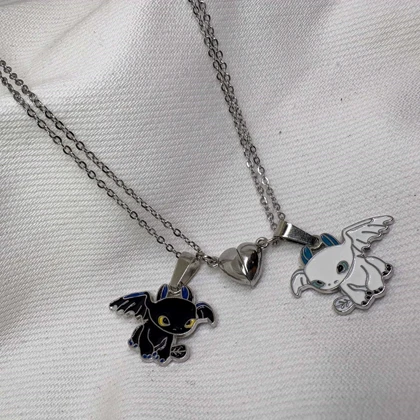 ست گردنبند دو نفره مدل «اژدها و قلب مگنتی» | پلاک مکمل با زنجیر دیپلمات استیل