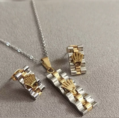 نیمست رولکس استیل طلایی نقره ای (گردنبند وگوشواره) Rolex steel necklace and earrings