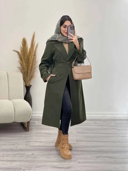 بارانی بلند چهاردکمه کمردار