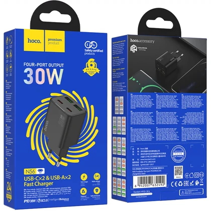 شارژر دیواری هوکو HOCO مدل N56 چهار پورت 30 وات