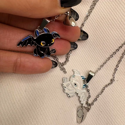 ست گردنبند دو نفره مدل «اژدها و قلب مگنتی» | پلاک مکمل با زنجیر دیپلمات استیل