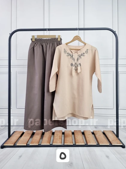 ست تونیک و شلوار لینن یقه گلدوزی