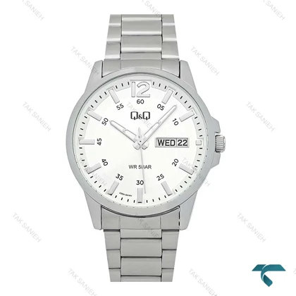 ساعت مچی کیو اند کیو مردانه استیل صفحه سفید دو تقویمه QQ-7783-G