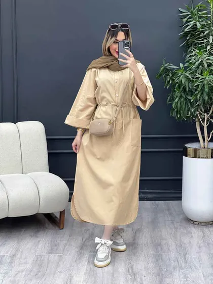 پیراهن بلند کمر گت تک جیب