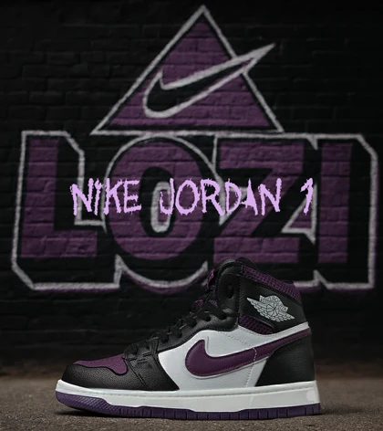 کفش کتانی ساق‌دار مردانه و زنانه مشکی سفید بنفش NIKE jordan 1 مدل 7981