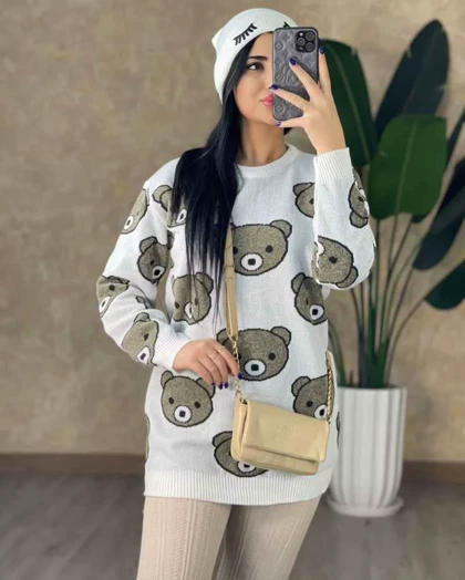 بلوز ریز بافت یقه گرد آستین بلند طرح خرس تدی زنانه کد1463