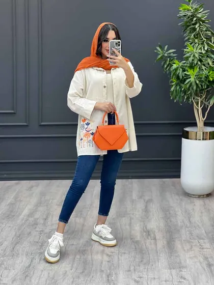 مانتو لینن نچرال گلدوزی