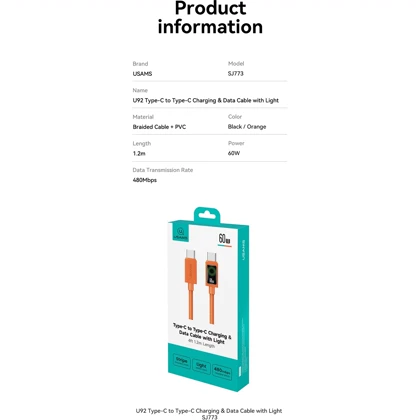 کابل دو تایپ سی یوسامز USAMS مدل SJ773 توان 60 وات 1.2 متر