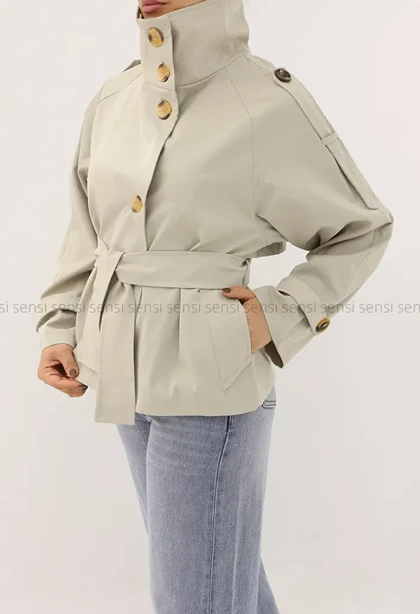 ترنچ کت یقه ایستاده کتان@کد1004635