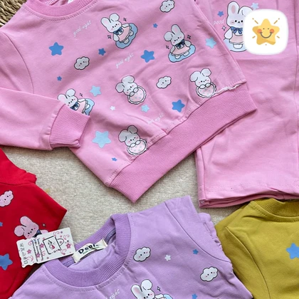 بلوز شلوار دخترانه بگ خرگوش و ابر جنس پنبه برند DENIZ مناسب 1 تا 4 سال