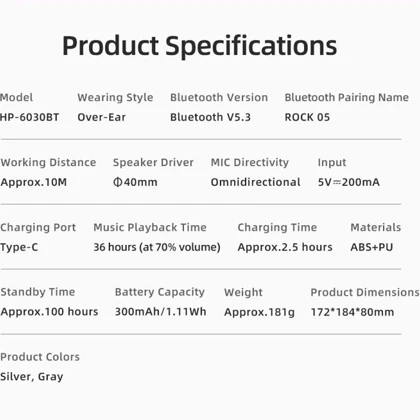 هدفون بلوتوثی راک ROCK مدل HP-6030BT بلوتوث 5.3