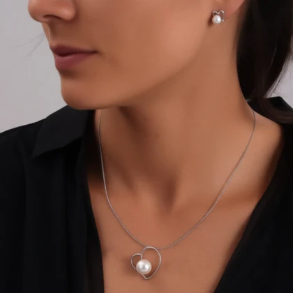 نیم ست نقره اصل 925 طرح قلب مروارید دار