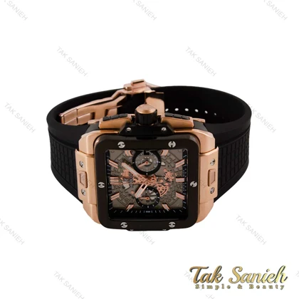 ساعت هابلوت مردانه مربعی سه موتوره رزگلد مشکی پشت شیشه ای Hublot-4998-G