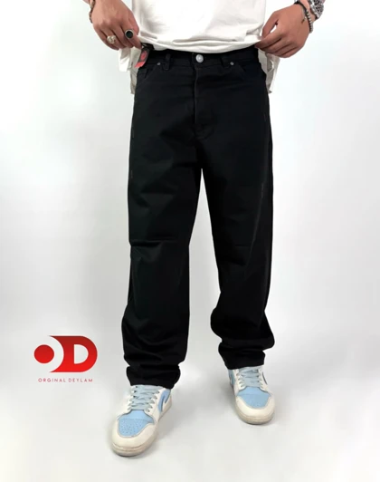 شلوار نیم بگ مشکی پرکلاغی مردانه پارچه جین پنبه کجراه سنگشور گرماژ بالا با قد 110 سانت کد b181