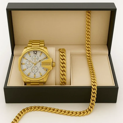 ست ساعت مچی مردانه طلایی صفحه سفید مدل U700 + دستبند و گردنبند کارتیه رنگ طلایی