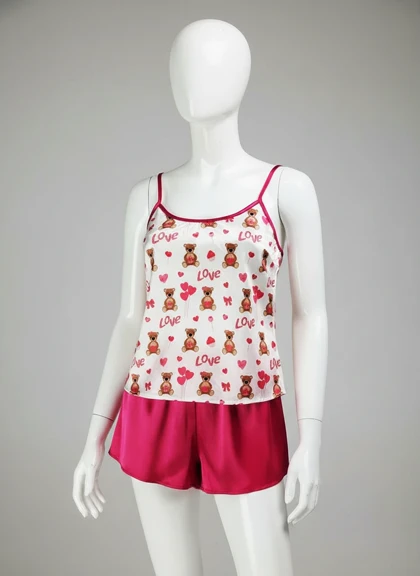 ست لباس خواب تاپ و شورتک ساتن طرح خرس و بادکنک