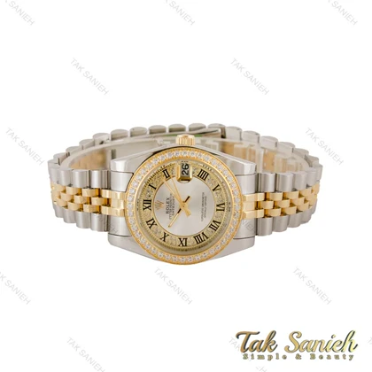ساعت رولکس زنانه دورنگ طلایی دورنگین صفحه سیلور ایندکس رومی Rolex-5118-M-L