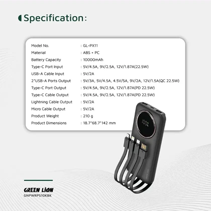 پاوربانک گرین لاین Green Lion مدل GL-PX11 ظرفیت 10000 توان 22.5 وات