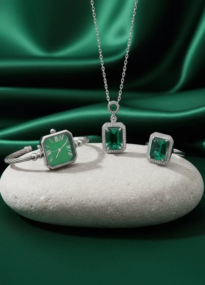 ست زنانه ساعت و گردنبند و انگشتر مدل زمرد-نقره ای ویژه