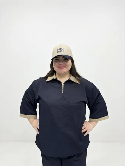 ست لباس سایز بزرگ زنانه طرح یقه پولو جنس سیلک
