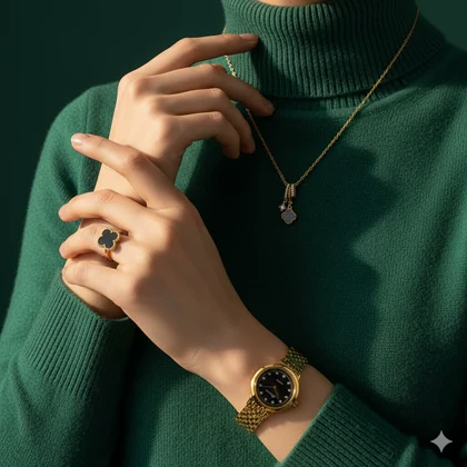 ست زنانه ساعت و گردنبند و انگشتر مدل Van Cleef -طلایی مشکی ویژه