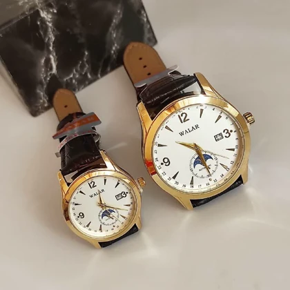 ست ساعت مچی آنالوگ WALAR طلایی (سایز مردانه و زنانه) – بند چرمی قهوه‌ای و نمایش ماه