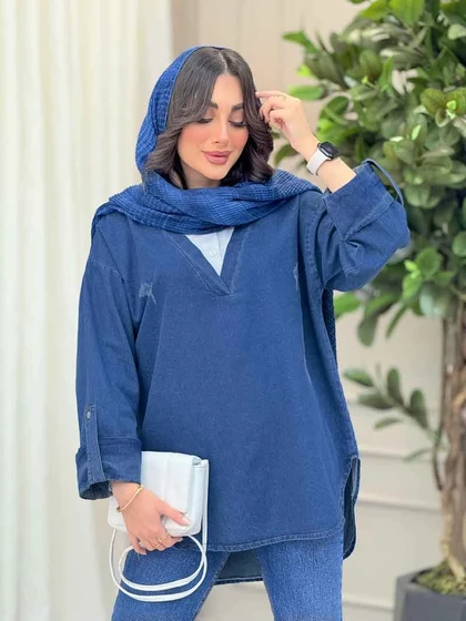 مانتو جین ترکیبی آستین پاگن