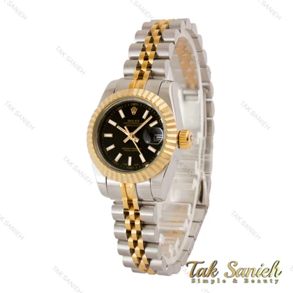 ساعت رولکس زنانه دو رنگ طلایی صفحه مشکی ایندکس خطی Rolex-5020-M-L