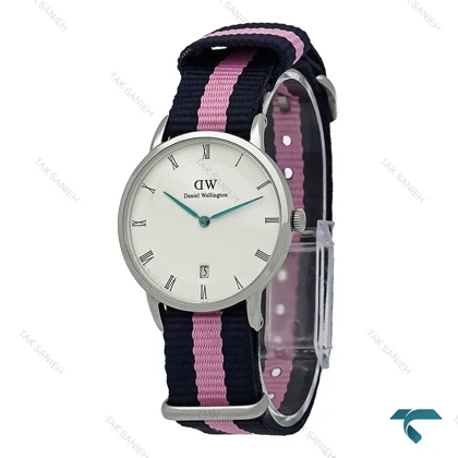 ساعت مچی دنیل نقره ای صفحه سفید بند برزنت صورتی سرمه ای DW-7237-L