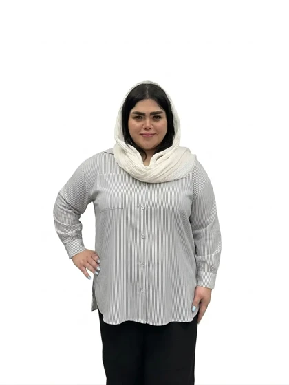 شومیز نخی راه راه یقه دار سایز بزرگ زنانه