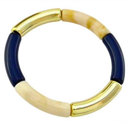 دستبند زنانه بنگل رزینی طرح بامبو سرمه‌ای و شیری با جزئیات طلایی مدل ناویرا