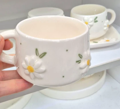چای خوری دو نفره سرامیک گرد برجسته بابونه