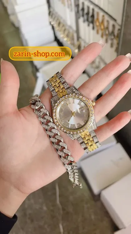 ست ساعت رولکس فول استون نگین با دستبند زنانه مردانه