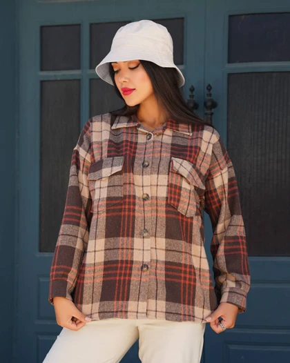 شکت پشمی چهارخانه زنانه مدل 2 جیب قد 70