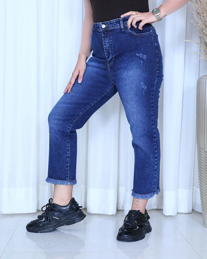 خرید شلوار واید استریت زنانه آبی تیره دمپا ریش Wide Straight Jeans کد 910900