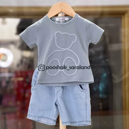 ست بلوز و شلوارک جین نوزاد طرح خرس رنگی