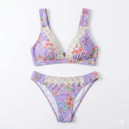 بیکینی دوتکه Cupshe مدل Dreamy Garden – رنگ بنفش یاسی با تزیینات توری (Lace)