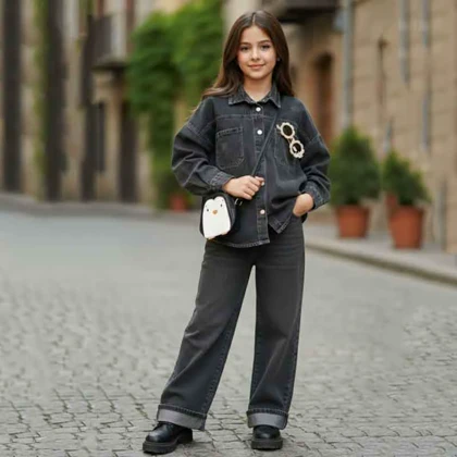 کت شلوار دخترانه جین زغالی 9تا 12 سال