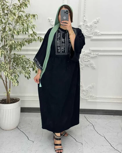 پیراهن لینن گلدوزی آستین کیمونو سرمه ای 6024