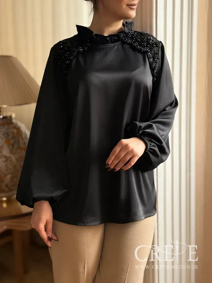 شومیز ساتن سرشانه تور سنگدوزی