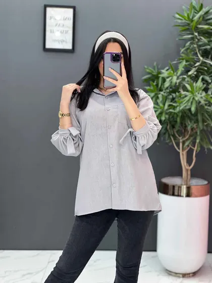 شومیز لینن آستین بنددار