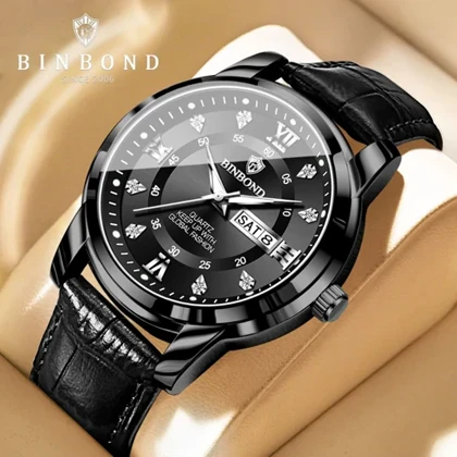 ساعت مچی مردانه بین باند BINBOND اورجینال دوتقویم بند چرم ضداب دارای رنگ بندی شیک